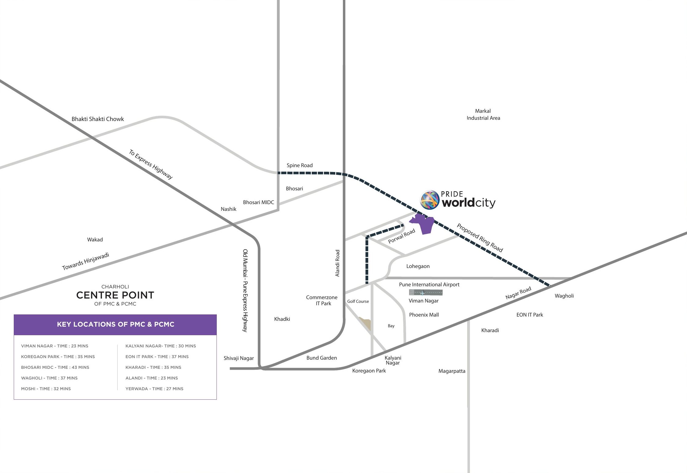 Map showing Pride World City near the proposed Ring Road, Alandi Road and Pune airport